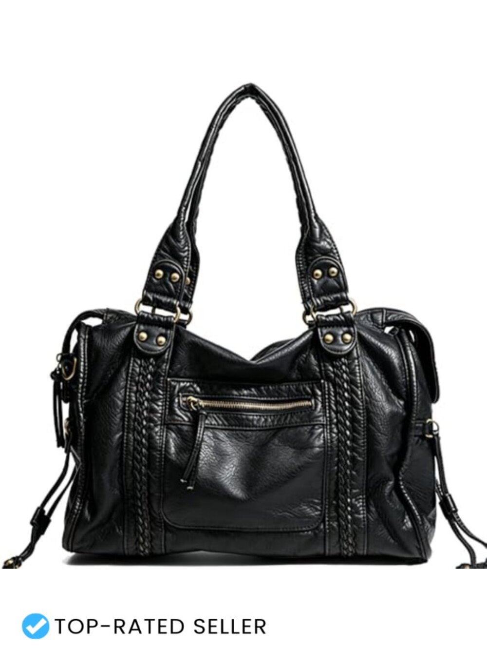 Washed Vegan Leather Hobo Tote Bag with Removable Straps